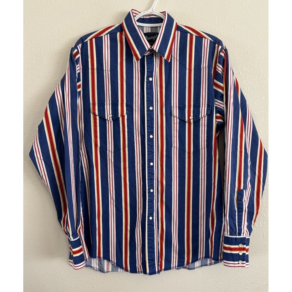 Wrangler Western Shirt Mens Blue Red Yellow Stripe Pearl Snap Cowboy Vintage